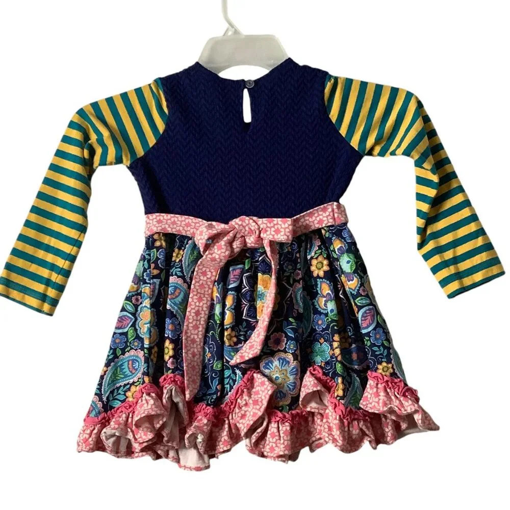Counting Daisies Floral Dress Striped Sleeves Rose‎ Waist Detail Girl Size 6
